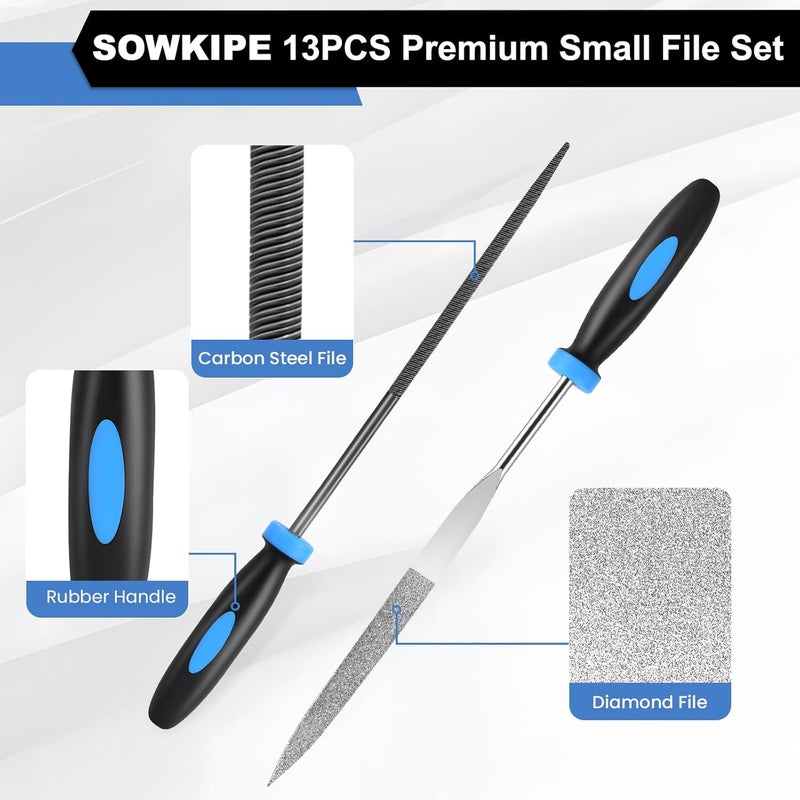 SOWKIPE 13Pcs Premium Small File Set, 6 Diamond Files, 6 Steel Files, Cleaning Brush & Carrying Case for Wood, Plastic, Jewelry, Leather, DIY - Image 4
